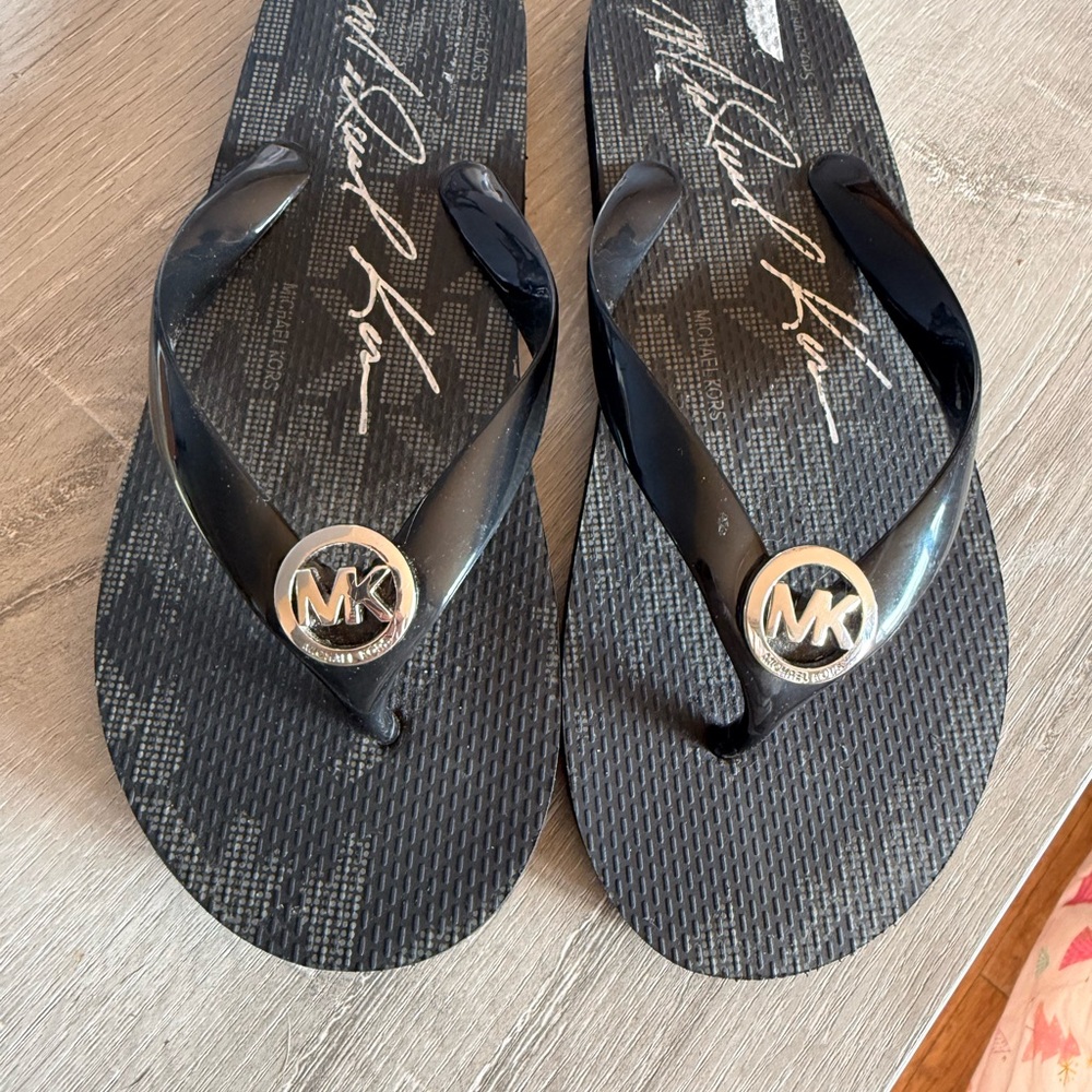 Michael Kor Black MK Logo Flip Flops
